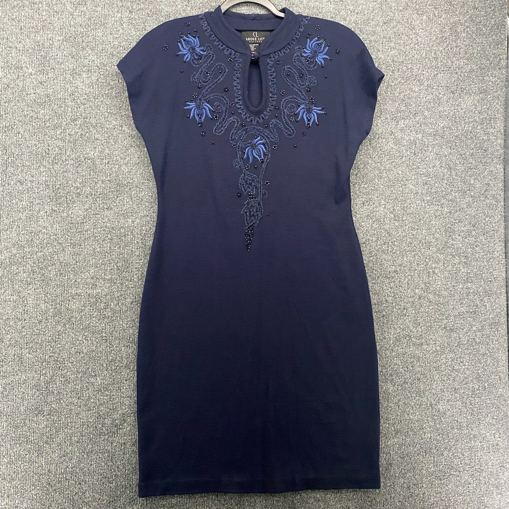 Carole Little Dress Womens L Blue Knit Embroidered Shoulder Pads Elegant Classic